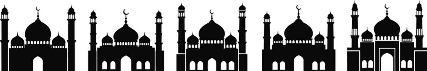 Collection of black silhouette Islamic mosque buildings with domes and minarets architecture