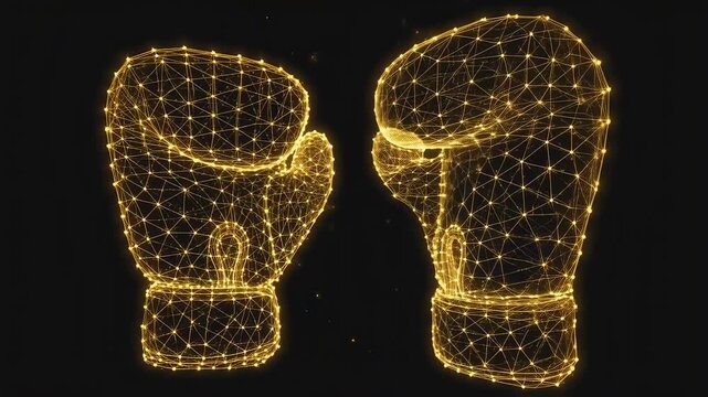 Two glowing, geometric boxing gloves on a black background, suggestive of energy or competition