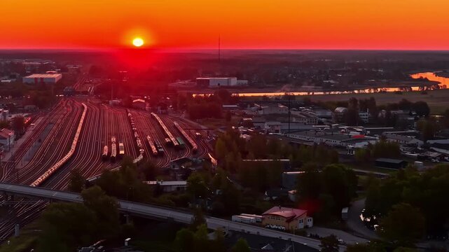 Train yard Jelgava Latvia at sunset, rail transport network, Aerial view
