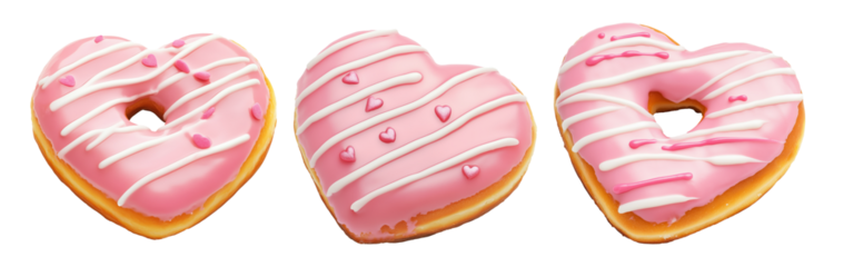 Heart-shaped donut topped with pink icing, white drizzle and small hearts on white transparent background