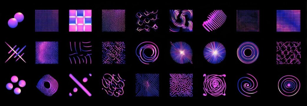 A grid of 3x10 abstract digital art pieces in vibrant neon purple and blue hues against black