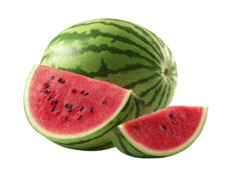 Ripe watermelon with two triangular slices, showcasing vibrant red flesh and seeds