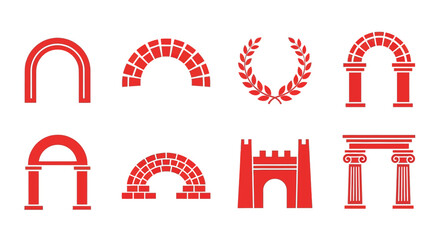 Red arches vector set architecture design elements historical icons set