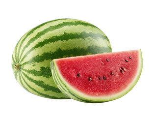A whole, striped watermelon with a juicy, red, sliced wedge