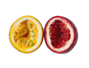 Two halves of passion fruit, one yellow, one purple, on black