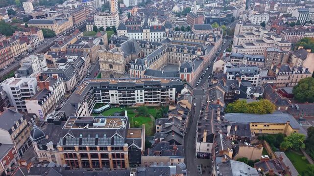 Historic city center of Rennes, France, Eglise Toussaints and Theatre National de Bretagne, cityscape. Aerial drone forward