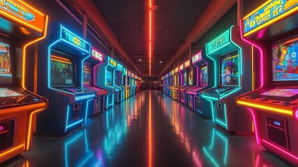 Colorful neon arcade hall with retro gaming machines glowing in dark corridor, symbolizing entertainment, nostalgia, digital culture, and vibrant atmosphere of classic video games in futuristic style. - Powered by Adobe