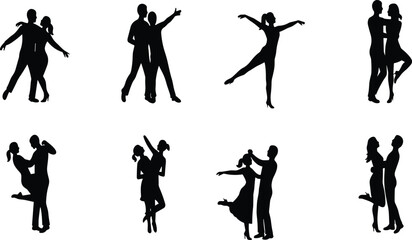 Eight Black Silhouettes of Couples Dancing and Posing on White Background dance