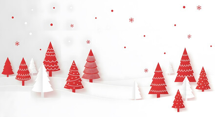 Red paper cut Christmas trees on white winter landscape
