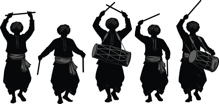 Five silhouetted figures in traditional clothing playing drums and sticks five people