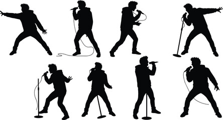 Male singer silhouette performing with microphone on stage in various poses vector