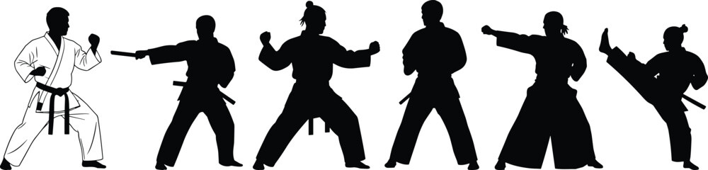 Martial arts figures in various poses and black silhouettes karate judo
