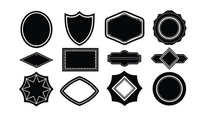 Collection of twelve black shield and badge shapes on white background emblem crest