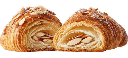 Golden, flaky croissant split in half, revealing almond filling