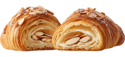 Golden, flaky croissant split in half, revealing almond filling