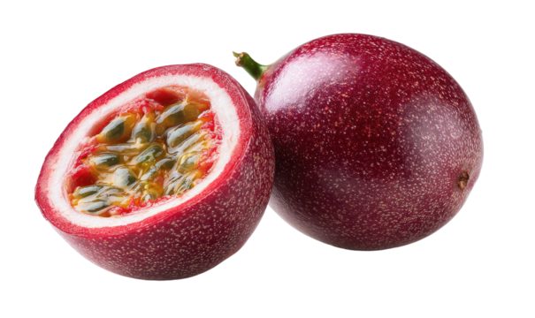 Vibrant purple passion fruit, one halved, revealing juicy pulp