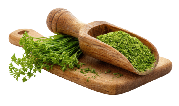 Fresh herbs and ground spices on a wooden board