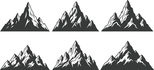 Six stylized dark gray mountain range silhouettes with sharp peaks and snowy accents on white background