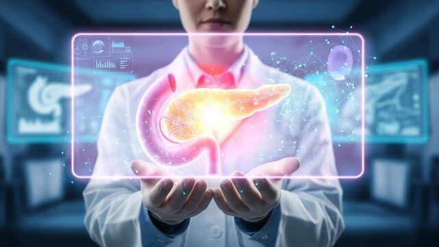 Futuristic medical hologram displays glowing pancreas and vital signs with doctor's hands