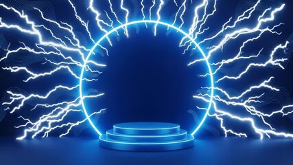 Futuristic neon podium surrounded by electric lightning bolts and glowing wave lines on a dark - Powered by Adobe