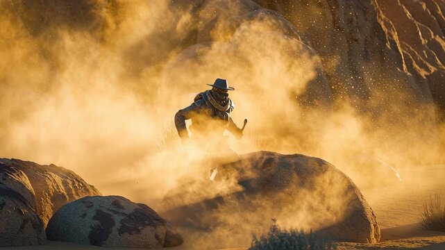 Intense cinematic desert action shot featuring a person running through a dramatic dust cloud under a golden sun, evoking adventure and relentless spirit