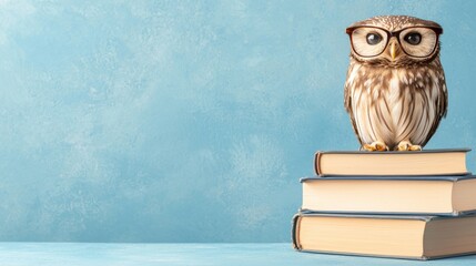 wisdom Owl An owl perched on a stack of books with eyeglasses resting on top, symbolizing academic learning, studiousness, and the pursuit of knowledge.