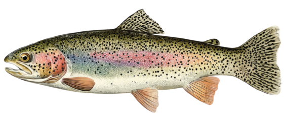 A detailed illustration of a trout with a prominent rainbow stripe