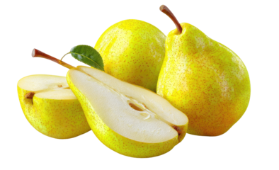 Ripe yellow pears, one halved, showcasing seeds and stem
