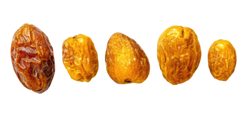 Five golden-brown dried fruits with wrinkled skins on black