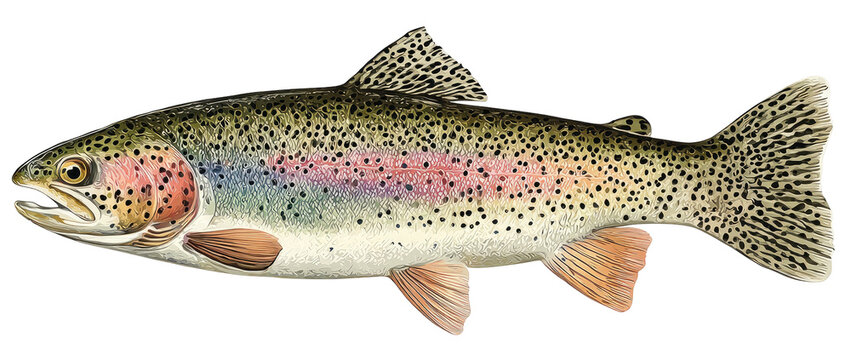A detailed illustration of a trout with a prominent rainbow stripe