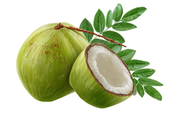 Fresh green coconut with a cut half and leafy sprig