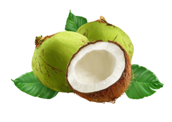 Fresh green coconuts with leaves, one halved