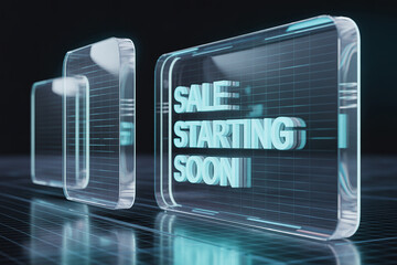 Catchy sale starting soon announcement with modern transparent design for marketing campaigns, enticing customers to shop with promotional discounts and limited-time offers