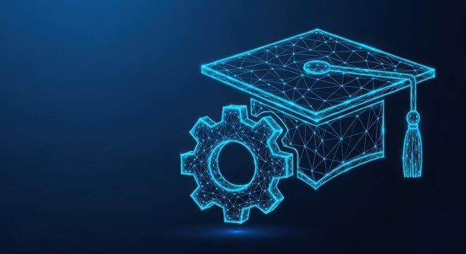 A digital graduation cap and gear symbolizing technological education and innovation