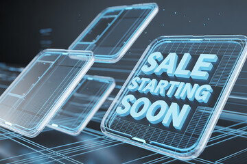 Get Ready for Savings! Futuristic sale announcement of upcoming deals on sleek digital devices, perfect for promoting online shopping and special offers, sales starting soon