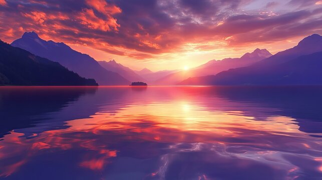 Dramatic sunset over a serene mountain lake