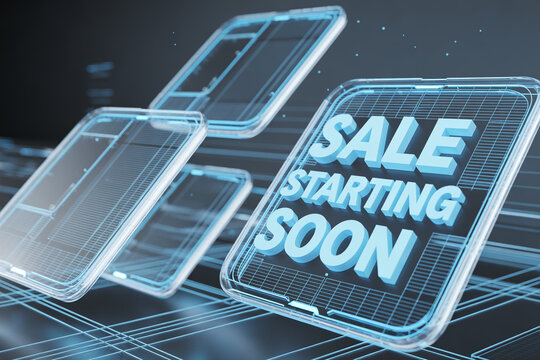 Get Ready for Savings! Futuristic sale announcement of upcoming deals on sleek digital devices, perfect for promoting online shopping and special offers, sales starting soon
