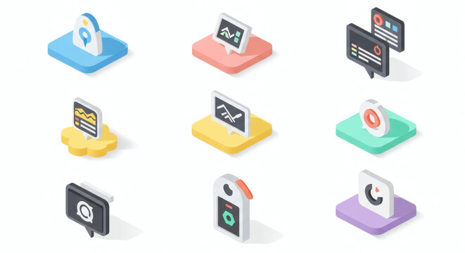 Collection of Isometric 3D Icons Representing Digital Services, Data Analytics, Communication, Location, and Smart Technology Concepts for Modern Business and App Design