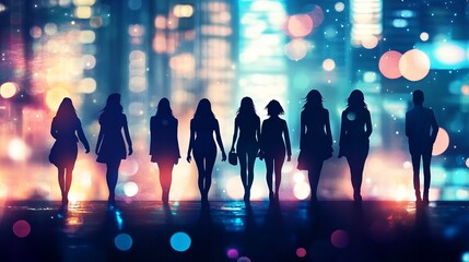 Silhouettes of a group of women standing in front of a bokeh city lights background