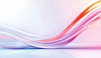 Abstract flowing waves in pastel colors with water droplets and light particles, soft focus background.  This is a digital illustration.