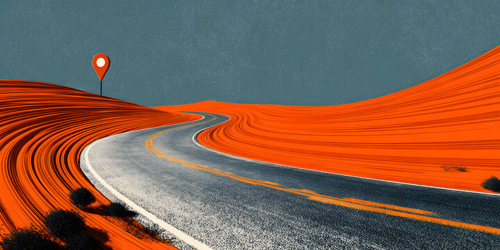 Creative vector illustration of winding curved road. Art design. Highway with markings. Direction, transportation set. Abstract concept graphic element. Way location infographic template. Pin pointer