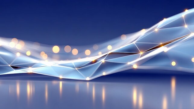 A 3D abstract representation of a digital network or data stream, depicted as a flowing, wave-like structure with interconnected nodes and glowing golden lights