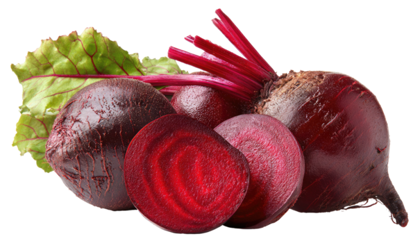 Fresh, dark red beets with leafy green tops and slices