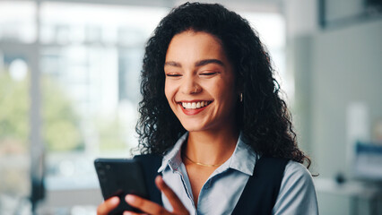 Funny, phone and text message with business woman in office for browsing, connection or social...