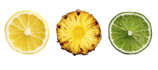 Three citrus and tropical fruit slices on black