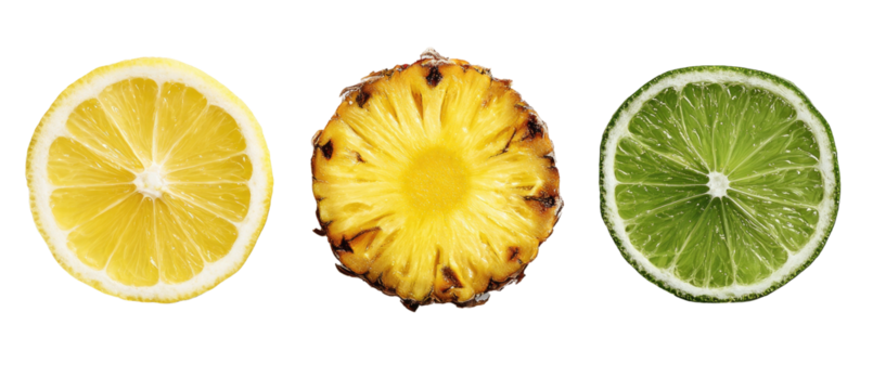 Three citrus and tropical fruit slices on black