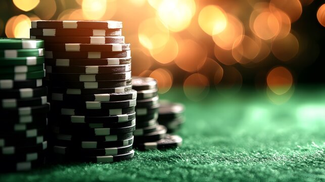 Stacks of poker chips on green felt with blurred background during a casino night