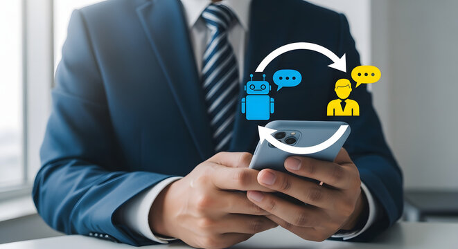 Businessman communicating with customers via mobile phone with virtual icons