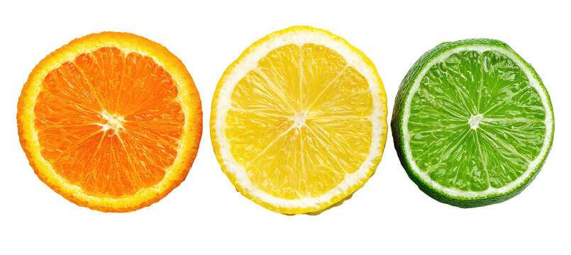 Three colorful citrus fruit slices in a row, vibrant and fresh