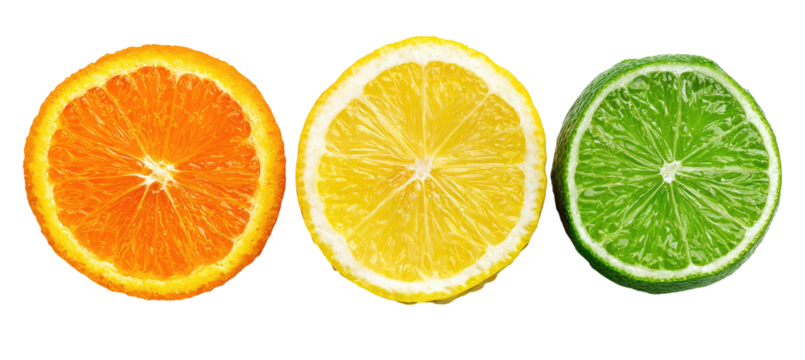 Three colorful citrus fruit slices in a row, vibrant and fresh
